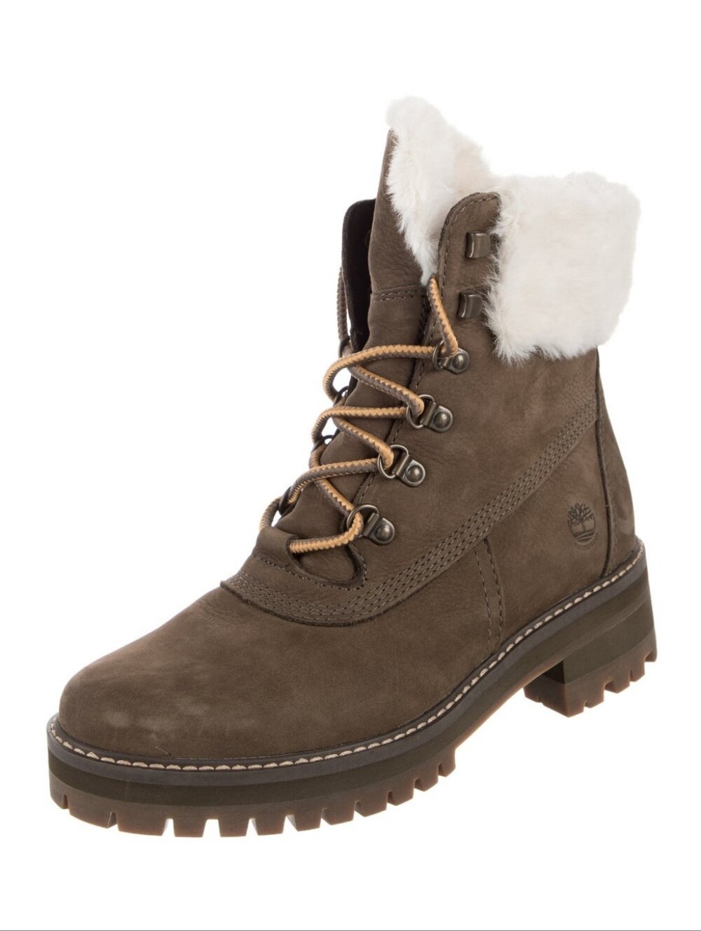 BRAND NEW Timberland Brown Lace-Up Heeled Boots with White Faux Fur Collar